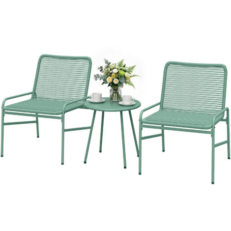 Salon de jardin 3 pièces résine tressée acier, table ronde + 2 fauteuils, 58x67x75 cm, vert