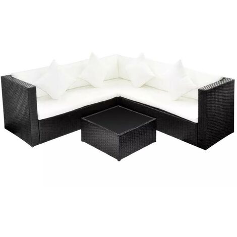 Salon de jardin 3 pièces résine tressée noir et coussins blanc Kim 2