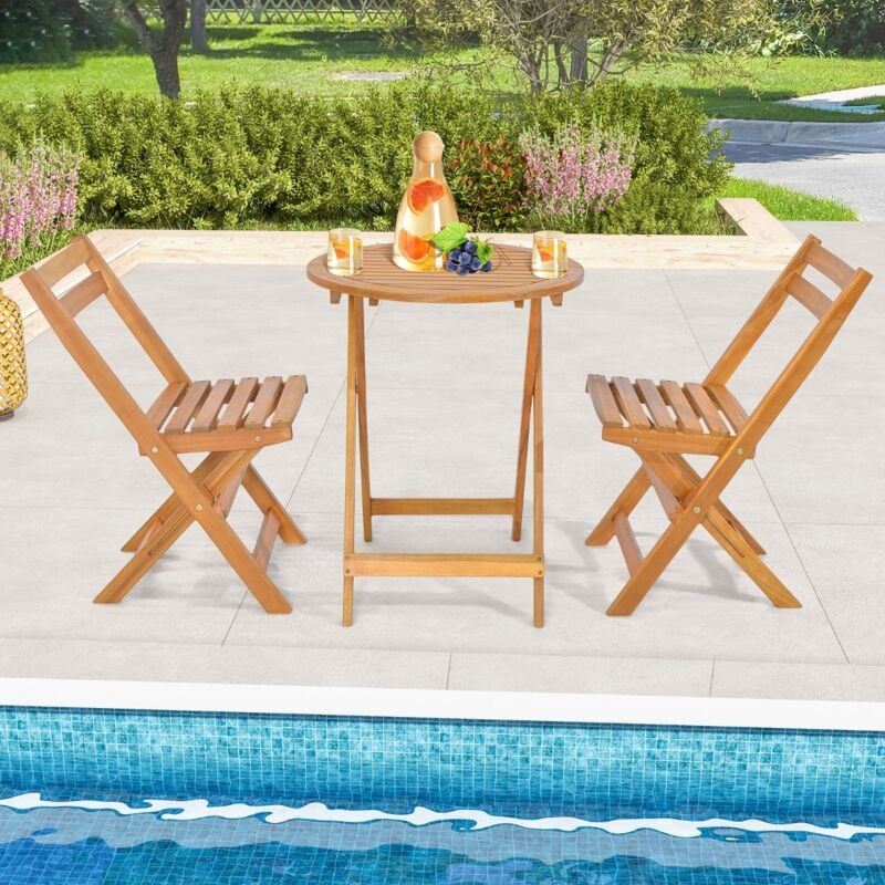 Salon de Jardin 3PCS Pliable Bois d'Acacia Table et 2 Chaises Conception à Lattes CW84232