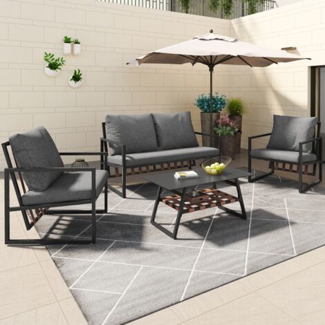 Salon de jardin-4-5 places-verre trempé-cadre vert-coussins beige-pieds réglables-114x57x80cm+80x45x80cm+62x57x80cm