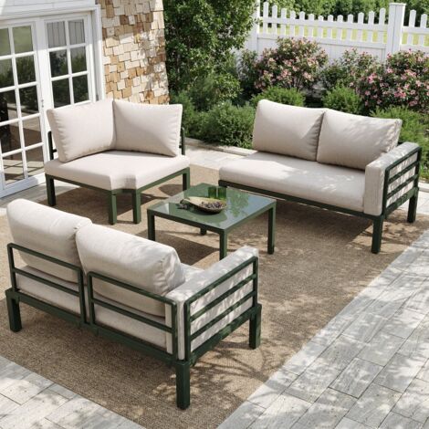 Salon de jardin-4-5 places-verre trempe-galvanise vert-coussins beige-pieds reglables-169,5x169,5x70,5cm et 57x57x43,5cm