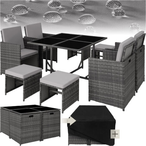 Tectake – Ensemble table et chaises de jardin 8 places – Résine tressée hydrofuge – Dossiers rabattables pour rangement – Housse de protection incluse