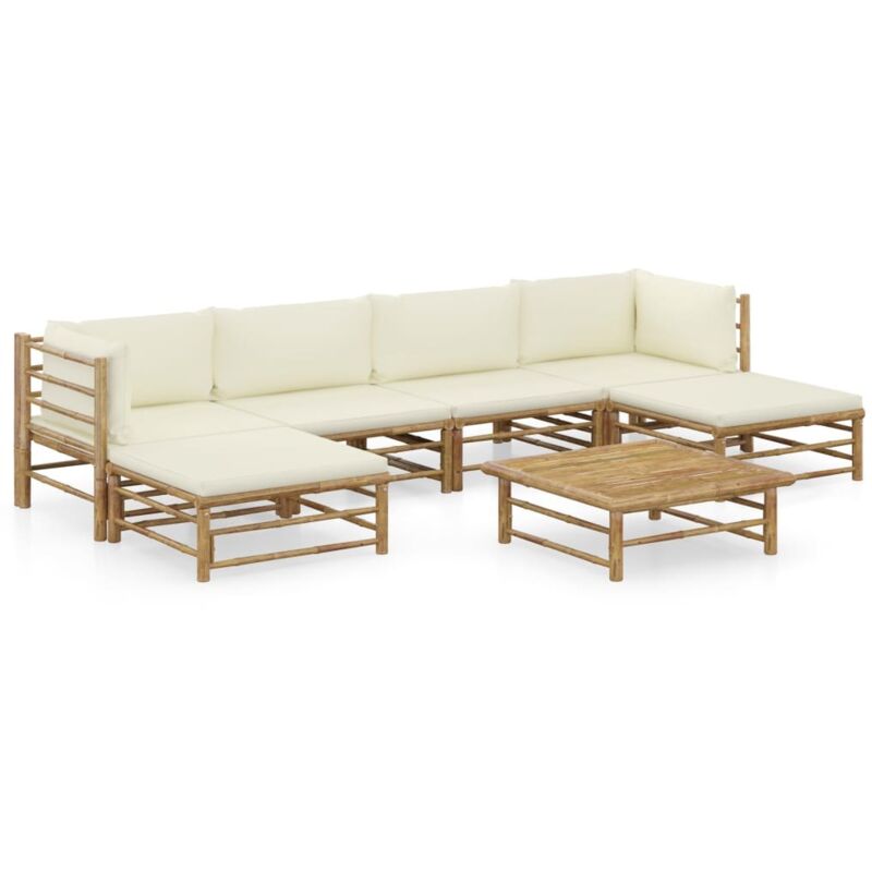 vidaXL Salon de jardin 7 pcs avec coussins blanc crème bambou