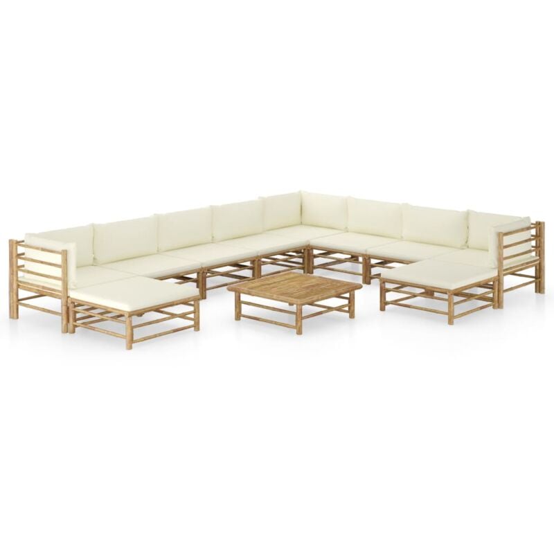 Salon de jardin 11 pcs avec coussins blanc crème Bambou Vidaxl