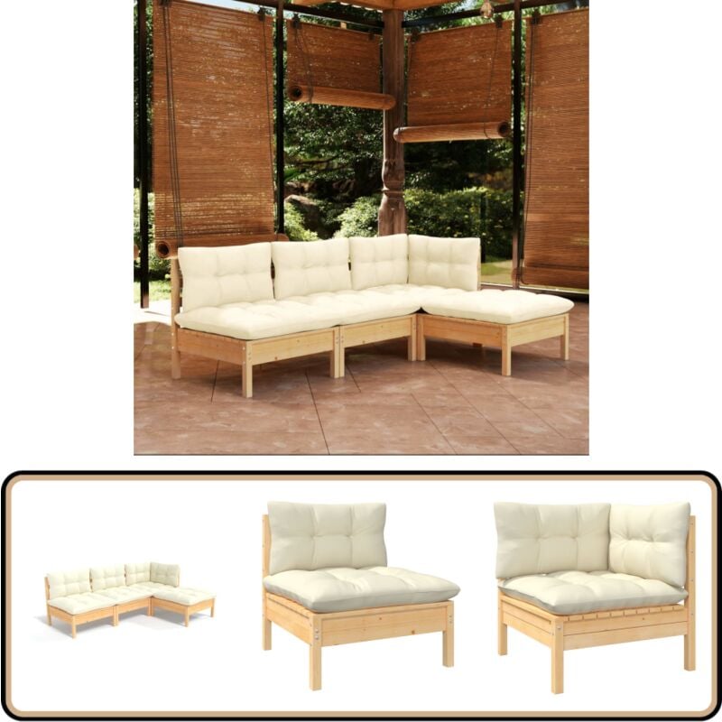 Salon de jardin 4 pcs avec coussins crème Bois de pin - Ensemble Salon De Jardin - Salon De Jardin Bois - Mobilier De Jardin - Chaise Longue - Table