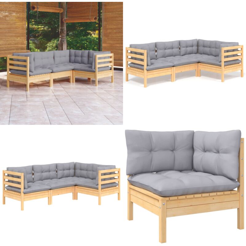 Salon de jardin 4 pcs avec coussins gris Bois de pin - Ensemble Salon De Jardin - Salon De Jardin Bois - Mobilier De Jardin - Meubles De Terrasse