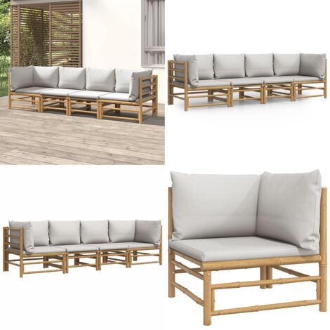 Salon de jardin 4 pcs avec coussins gris clair bambou - Salon De Jardin - Mobilier De Jardin - Ensemble De Salon - Meubles En Bambou - Canapé D'angle - Home & Living