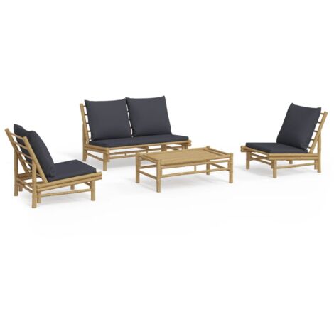 Salon de jardin 4 pcs avec coussins gris foncé bambou