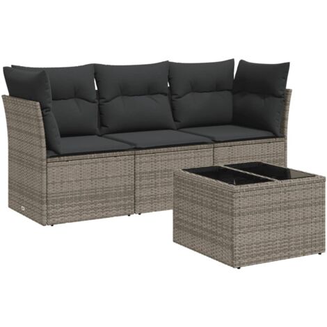 Salon de jardin 4 pcs avec coussins gris résine tressée