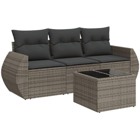 Salon de jardin 4 pcs avec coussins gris résine tressée