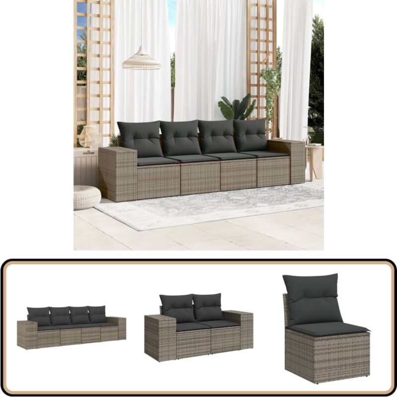 Salon de jardin 4 pcs avec coussins gris résine tressée - Canapé De Jardin - Salon De Jardin - Ensemble De Canapés - Meuble De Jardin - Résine Tressée
