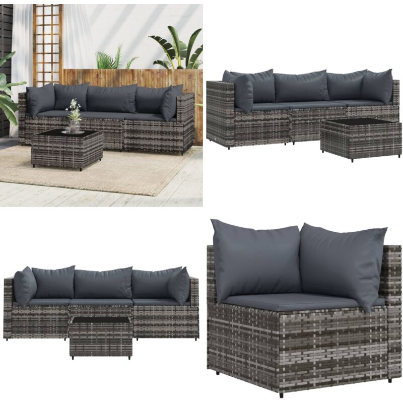 Salon de jardin 4 pcs avec coussins Gris Résine tressée - Salon De Jardin - Mobilier Extérieur - Canapé D'angle - Set De Salon - Table Basse - Home &