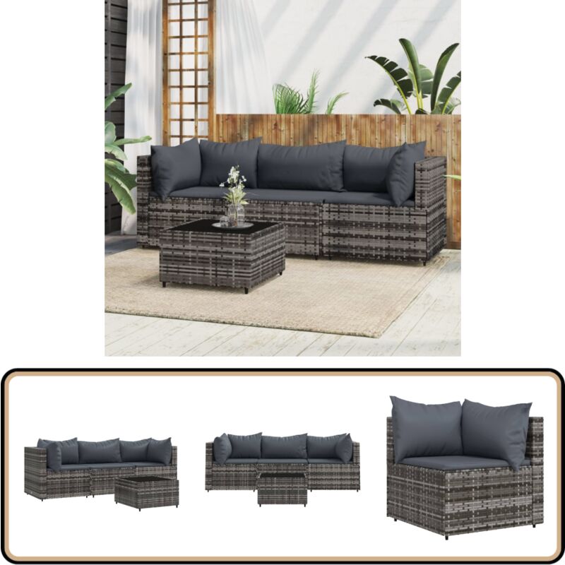 Salon de jardin 4 pcs avec coussins Gris Résine tressée - Salon De Jardin - Mobilier Extérieur - Canapé D'angle - Set De Salon - Table Basse