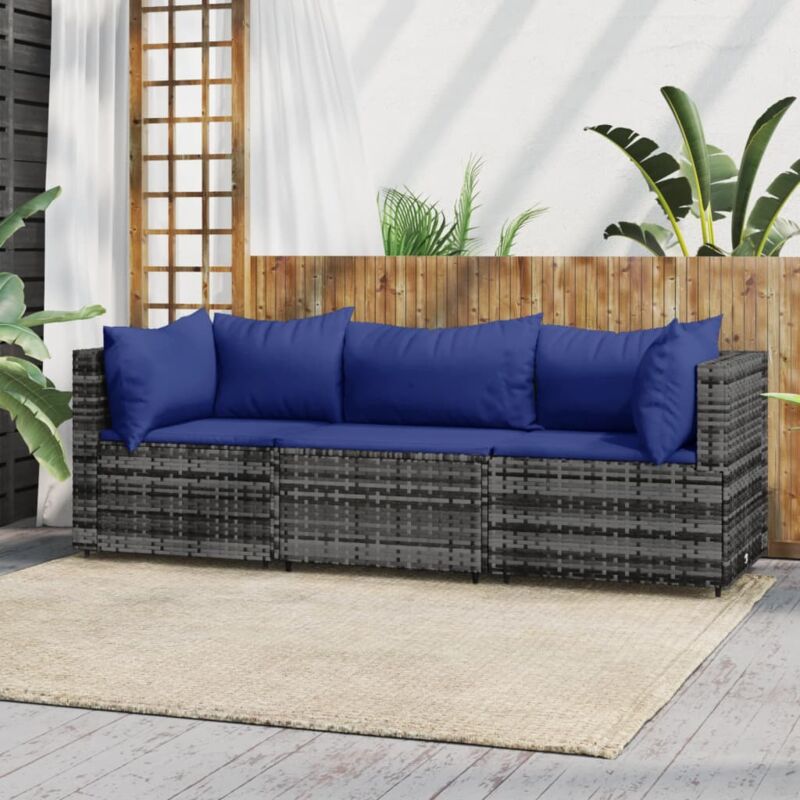 Vidaxl - Salon de jardin 3 pcs avec coussins Gris Résine tressée