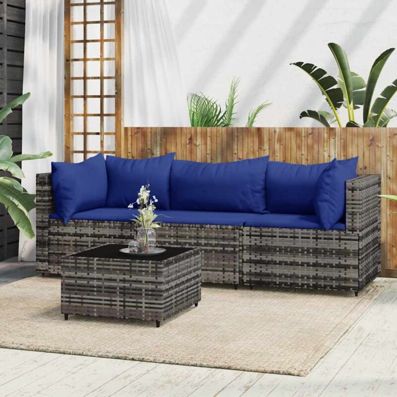 Vidaxl - Salon de jardin 4 pcs avec coussins Gris Résine tressée