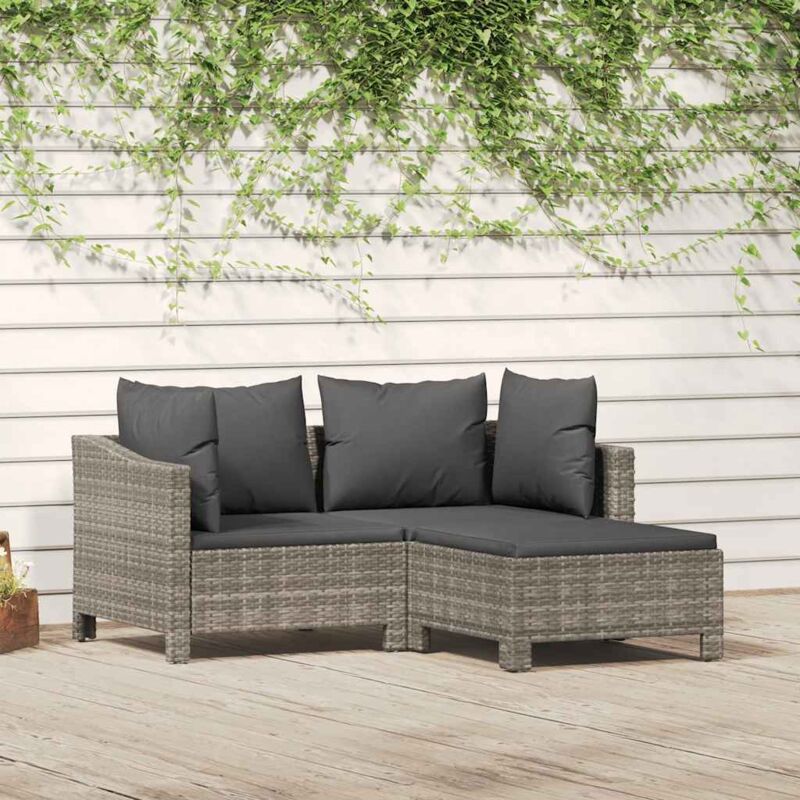 Salon de jardin 3 pcs avec coussins Gris Résine tressée