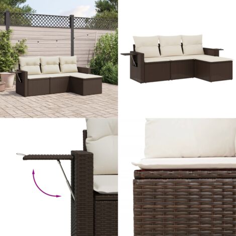 Salon de jardin 4 pcs avec coussins marron résine tressée - Salon De Jardin - Meuble De Jardin - Canapé Extérieur - Ensemble Salon De Jardin - Résine Tressée - Home & Living