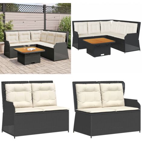 Salon de jardin 4 pcs avec coussins Noir Résine tressée - Banc de jardin - Canapé d'angle