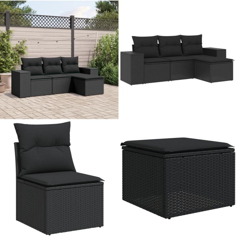Salon de jardin 4 pcs avec coussins noir résine tressée - Canapé De Jardin - Salon De Jardin - Meuble De Jardin - Set De Salon De Jardin - Résine