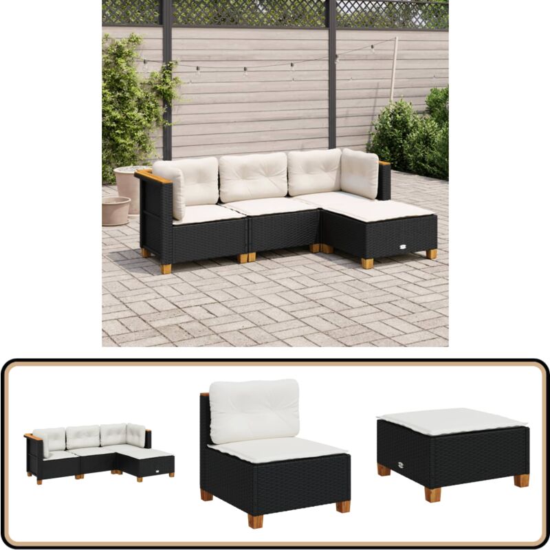Salon de jardin 4 pcs avec coussins noir résine tressée - Ensemble Salon De Jardin - Meuble Extérieur - Résine Tressée - Canapé D'angle - Fauteuil De