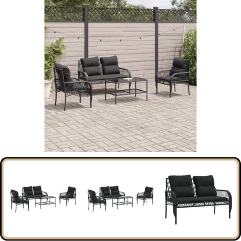 Salon de jardin 4 pcs avec coussins noir résine tressée - Ensemble Salon De Jardin - Mobilier De Jardin - Canape Jardin - Table Basse Jardin - Chaise Lounge