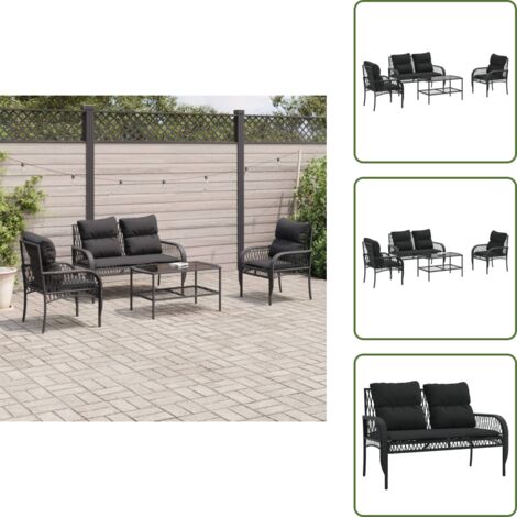 Salon de jardin 4 pcs avec coussins noir résine tressée - Ensemble Salon De Jardin - Mobilier De Jardin - Canape Jardin - Table Basse Jardin - Chaise Lounge