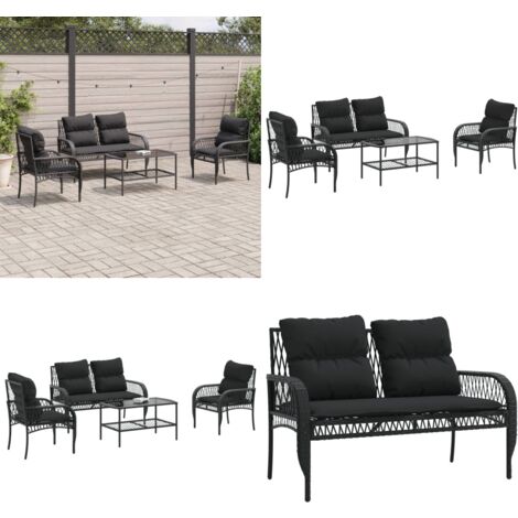 Salon de jardin 4 pcs avec coussins noir résine tressée - Ensemble Salon De Jardin - Mobilier De Jardin - Canape Jardin - Table Basse Jardin - Chaise Lounge - Home & Living