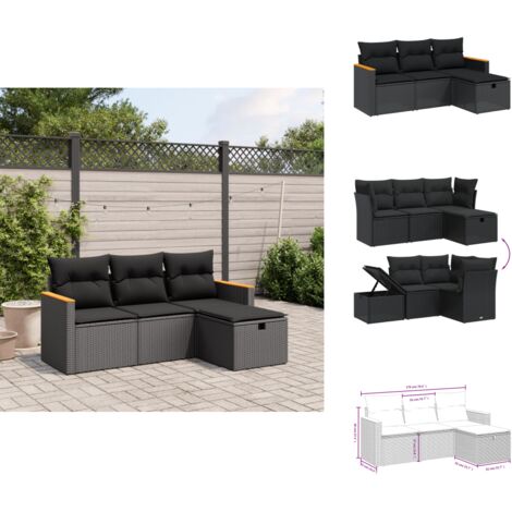 Salon de jardin 4 pcs avec coussins noir résine tressée - Ensemble Salon De Jardin - Salon De Jardin Extérieur - Mobilier De Jardin - Canapé Jardin - Chaise Lounge