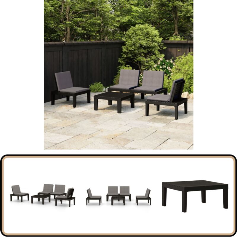 Salon de jardin 4 pcs avec coussins Plastique Gris - Salon De Jardin - Mobilier De Jardin - Ensemble Salon - Set De Salon - Chaises De Jardin