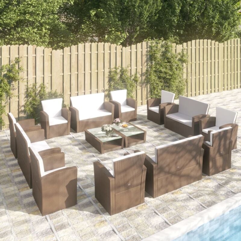 Salon de jardin 16 pcs avec coussins Résine tressée Marron Vidaxl