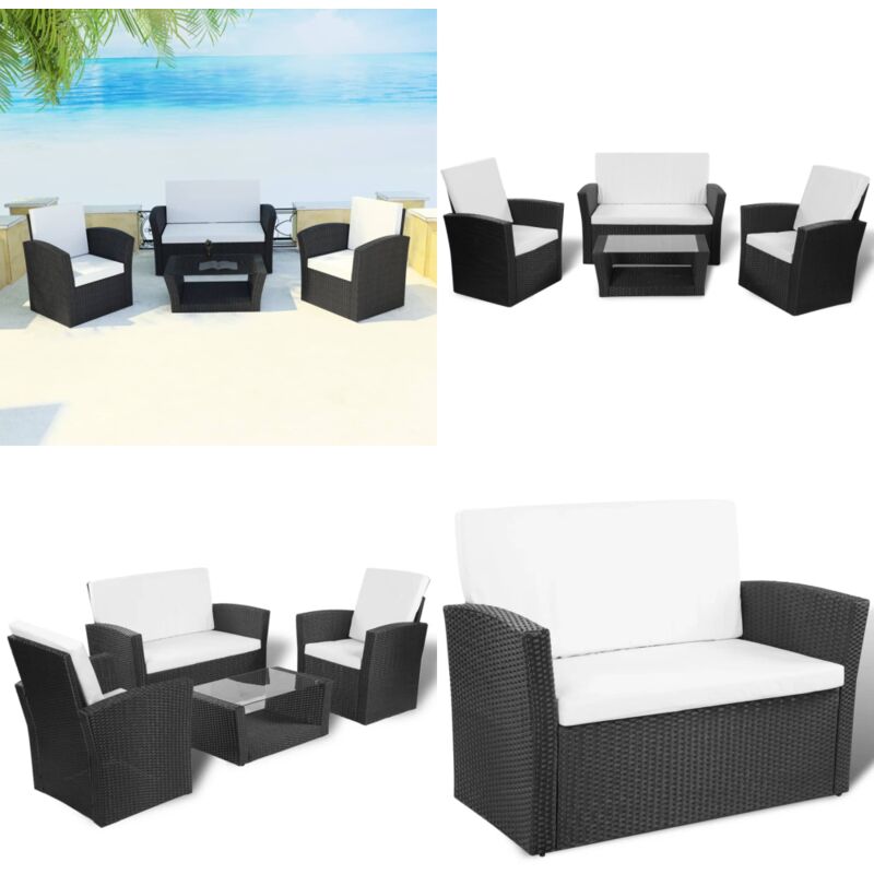 Salon de jardin 4 pcs avec coussins Résine tressée Noir - Salon De Jardin - Meubles De Jardin - Salon Extérieur - Ensemble De Canapés - Set De Jardin