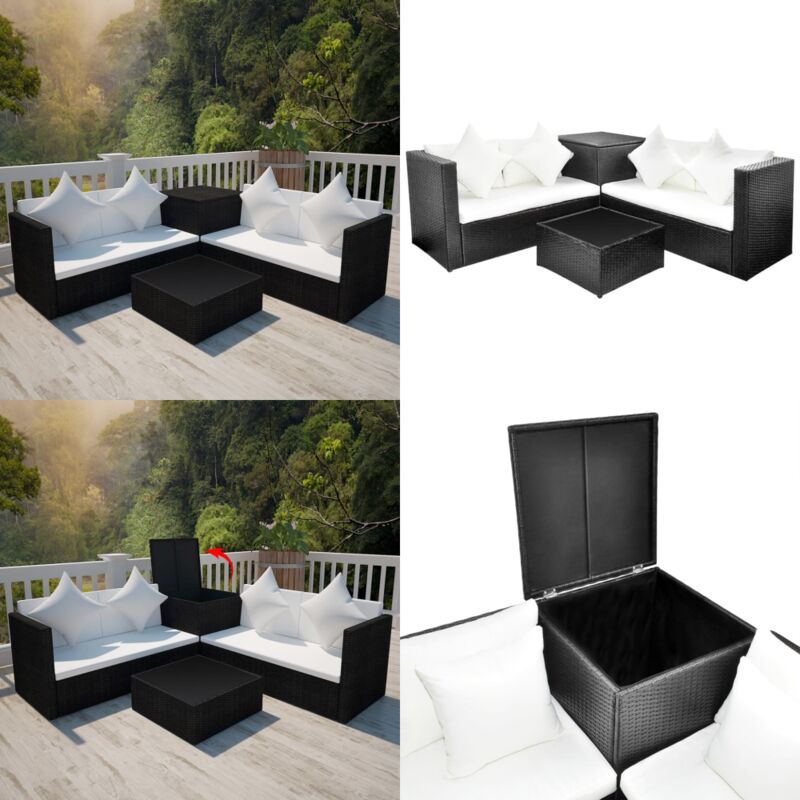 Salon de jardin 4 pcs avec coussins Résine tressée Noir - Salon De Jardin - Meubles De Jardin - Ensemble De Salon - Mobilier Extérieur - Set De