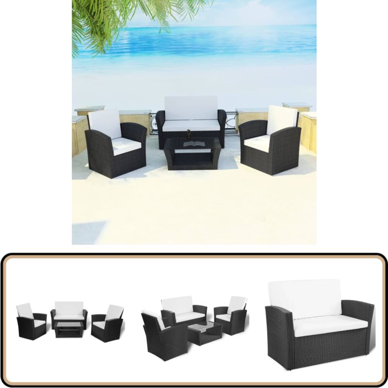 Salon de jardin 4 pcs avec coussins Résine tressée Noir - Salon De Jardin - Meubles De Jardin - Salon Extérieur - Ensemble De Canapés - Set De Jardin