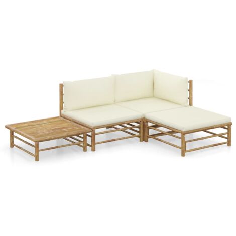 Salon de jardin 4 pcs Ensemble Table et Chaise de Jardin - avec coussins blanc crème Bambou BV654746 - BonneVie