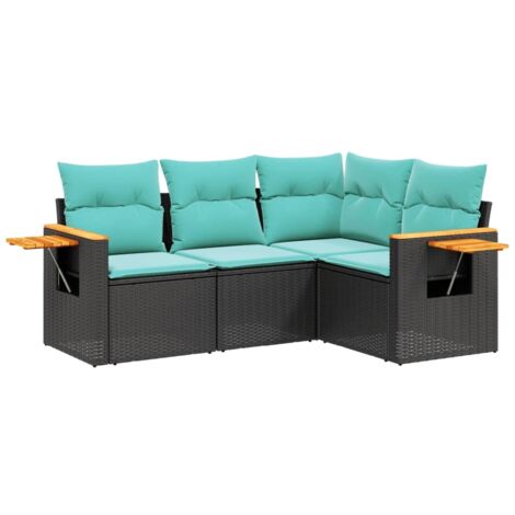 Salon de jardin 4 pcs  Mobilier de jardin avec coussins noir résine tressée
