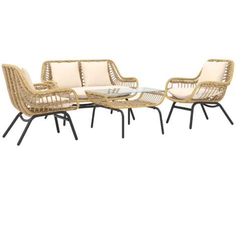Salon de jardin 4 pers. 4 pièces style exotique métal époxy résine imitation bambou coussins grand confort inclus polyester beige