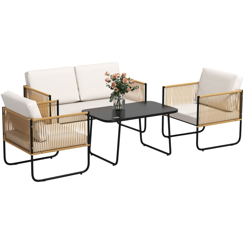 Outsunny - Salon de jardin 4 personnes 4 pièces style colonial acier noir résine filaire naturel