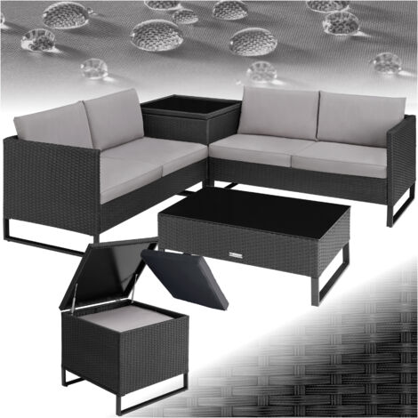 Tectake – Canapé de jardin Lounge 4 places en rotin – Résine tressée résistante aux UV – Coussins hydrofuges – Grand coffre de rangement