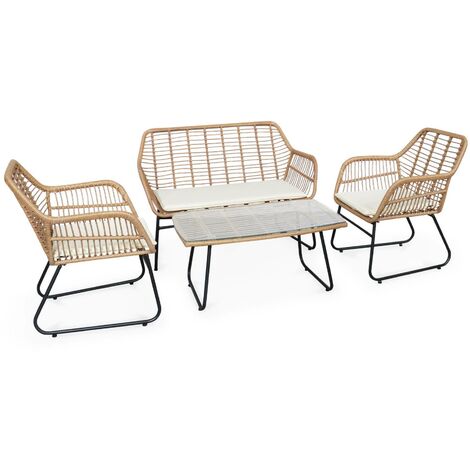 Salon de jardin 4 personnes – résine effet bambou et structure en métal noir – NATUNA - style colonial. bi-matière - Beige