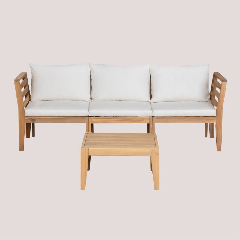 Sklum - Ensemble de canapés modulables 3 pièces Filips avec accoudoirs et table basse en bois d'acacia Blanc Gardenia
