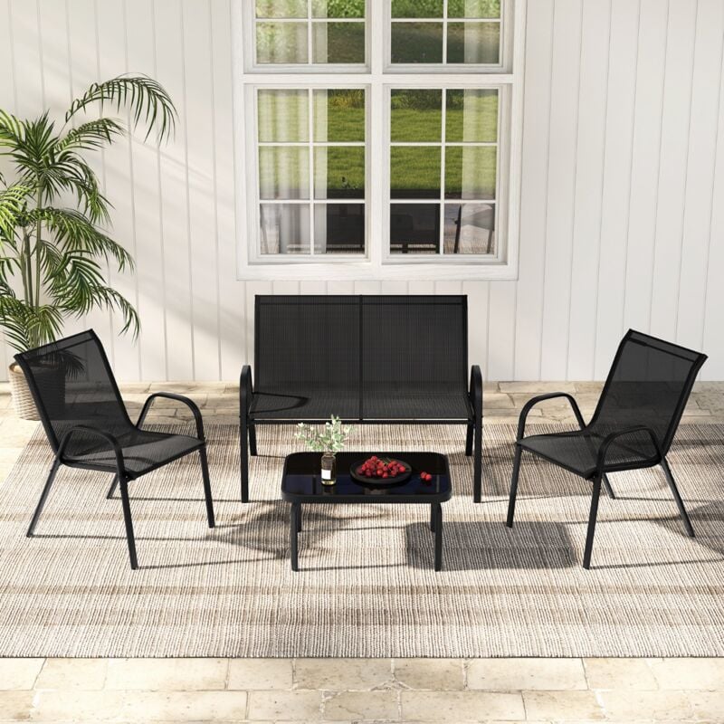 Salon de Jardin 4 Pièces 2 Fauteuils 1 Canapé 1 Table Basse Verre Gris CWXT2335 DESIGN IN