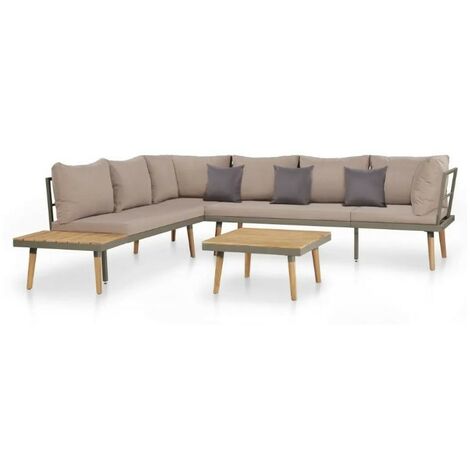 Salon de jardin 4 pièces acacia massif foncé et coussins marron clair Aqua