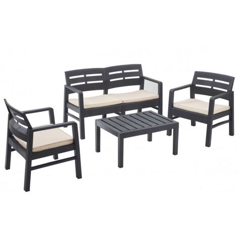 Salon de jardin 4 pièces Anthracite Canapé 2 places + 2 fauteuils + Table basse + 3 Coussins écru KZ GARDEN