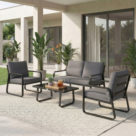Salon de Jardin 4 Pièces avec Coussins Déhoussables Très Épais 10cm Table Basse en Verre Trempé Noir