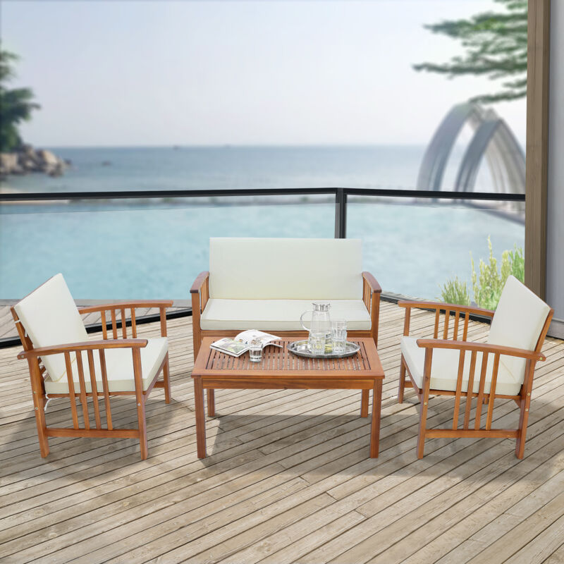 [en.casa] - Salon de jardin 4 pièces Brissogne bois d'acacia naturel beige Certifié fsc®