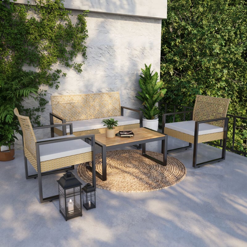 Salon de jardin 4 pièces Calciano aspect rotin beige noir naturel Casa.pro