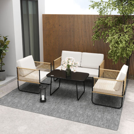Salon de Jardin 4 Pièces – Canapé 2 Places + 2 Fauteuils – Table Basse en Verre – Coussins Inclus – Crème Blanc