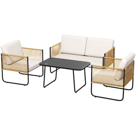 Salon de jardin 4 pièces canapé 2 places, 2 fauteuils, table basse verre crème blanc