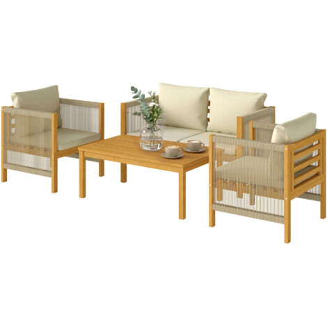 Salon de jardin 4 pièces en bois d'acacia avec coussins amovibles et corde tressée naturelle