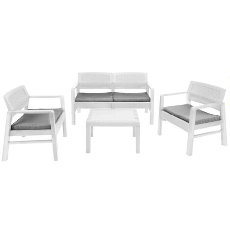 Salon de jardin 4 places en polypropylène effet rotin – 2 fauteuils, 1 canapé 2 places, 1 table basse – Étanche et déperlant, coussins inclus – Gdlc